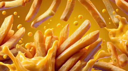 Crispy French Fries with Melting Cheese Sauce Splash