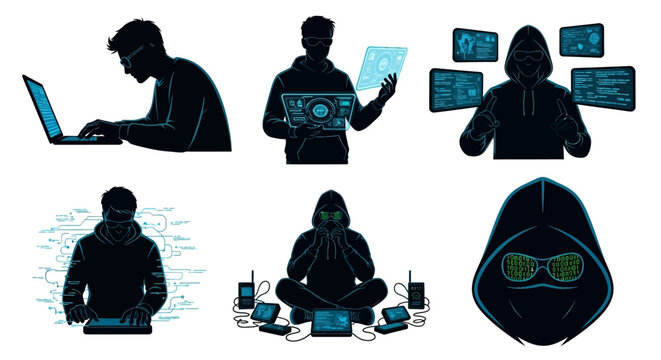 Silhouettes of hackers working on computers and devices in various poses and environments worldwide.
