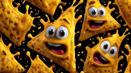 Cute Cartoon Nacho Chips with Cheesy Splash for Party Snacks