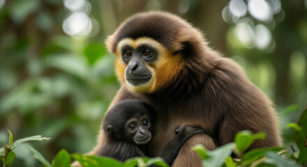 Obraz premium Gibbon Mother and Baby in Forest