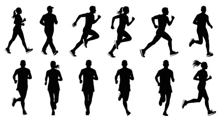 Fototapeta premium Silhouettes of diverse runners in various poses and actions, showcasing athleticism and movement in a clean and simple composition.