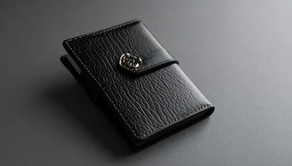 Elegant Black Leather Wallet on Dark Gray Surface.