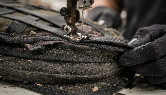 Closeup of skilled worker stitching reinforced backpack straps with heavyduty thread focusing on bartack seams and padded layers for enhanced durability in outdoor gear