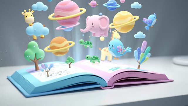 A vibrant open storybook with whimsical 3D elements like planets, animals, and trees emerging from its pages, symbolizing imagination and learning.