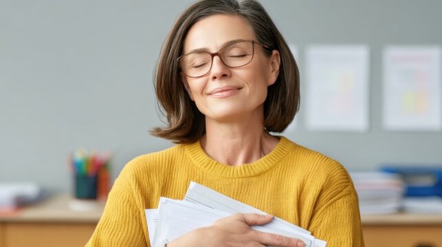 Joyful woman with glasses holding documents and embracing papers, showcasing happiness and contentment in workspace environment
