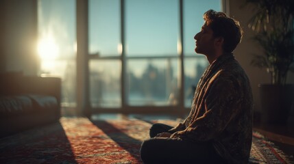 Calm Meditation Scene in Cozy Indoor Space at Sunrise Moment