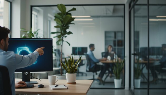 Professional male interacting with a glowing digital interface on screen, developing innovative business solutions in a modern office environment - Powered by Adobe