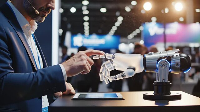 Man touches robot hand at technology expo booth. Business person interacts with robot arm at exhibition. Man demonstrates artificial intelligence robot. Technology expo shows robot hand display.