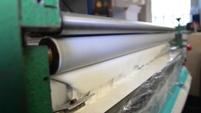 The process of laminating sheets in a printing house. A machine for applying glue to sheets in the production shop of a printing house