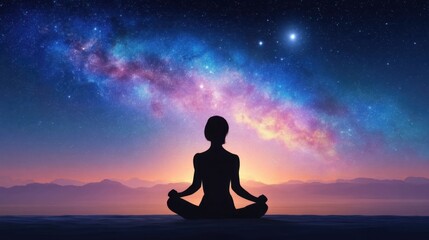 Fototapeta premium Serene Silhouette of a Meditating Figure Under the Cosmic Night Sky with Stars and Galaxy Reflection over Calm Waters