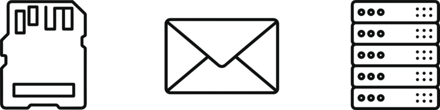 Data communication outline icons set showing memory card email envelope and server rack technology vector illustration