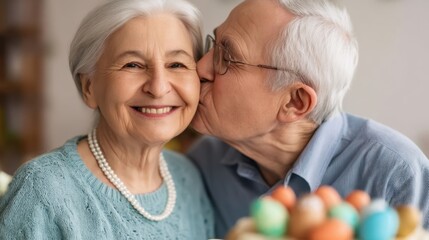 Joyful elderly couple sharing a tender moment during Easter celebration with colorful eggs and cozy home ambiance