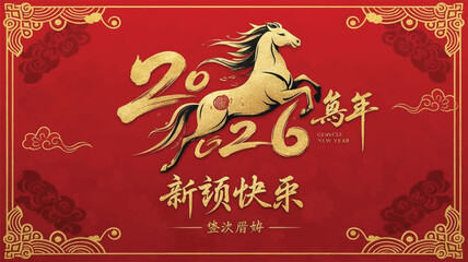 2026 Year of the Horse Chinese New Year Red and Gold Festive Illustration