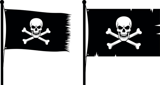 Vector illustration set featuring tattered waving black pirate flags with skull and crossbones for adventure and maritime designs