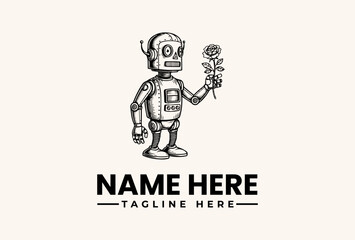 A robot holding a rose with a logo on its chest and a tagline placeholder in a simple, illustrative style against a clean background.