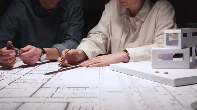 Architects and engineers collaborating on a new building project, planning structural details and design concepts using blueprints and a scaled architectural model on a desktop