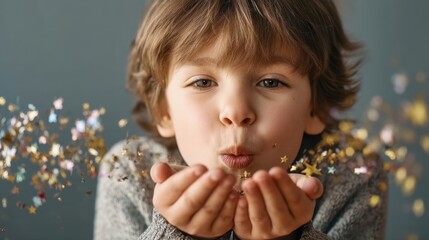 Naklejka premium Joyful child blowing glittering stars from hands with a cheerful expression on a soft blue background