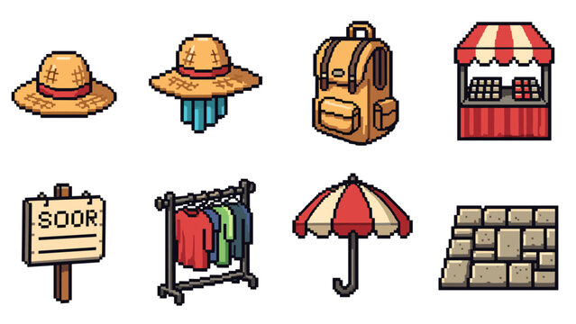Pixel art collection of various items including hats, backpack, stall, sign, clothes rack, umbrella and wall