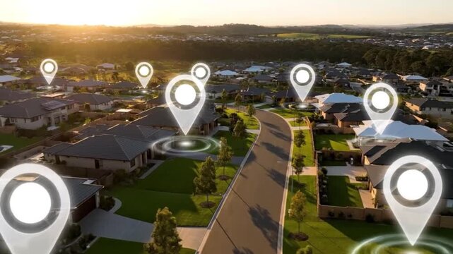 Aerial Suburban Neighborhood with Digital Location Pins for Real Estate Mapping