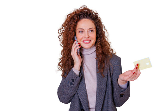 Woman making phone call with smartphone holding credit card for online payment and shopping, transparent background