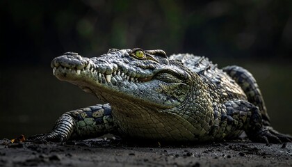 Obraz premium Close-up of a crocodile resting in the shadows.