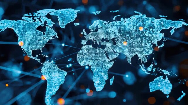 Digital world map with glowing data nodes and network connections conveying global connectivity
