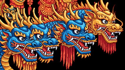 Pixel art illustration of multiple dragon heads in a row, a traditional Asian motif