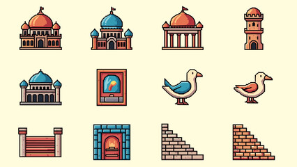 Fototapeta premium Collection of pixel art icons featuring buildings, birds, and architectural elements