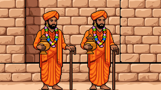 Two pixel art sadhus in orange robes holding pots and walking sticks against brick wall