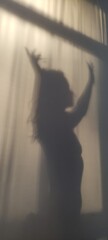 Abstract shadow of a fit woman's silhouette on  bedroom wall early morning in the rays of the rising sun.
