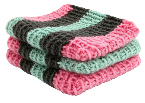 Stack of striped, knit cloths in pink, gray, and turquoise
