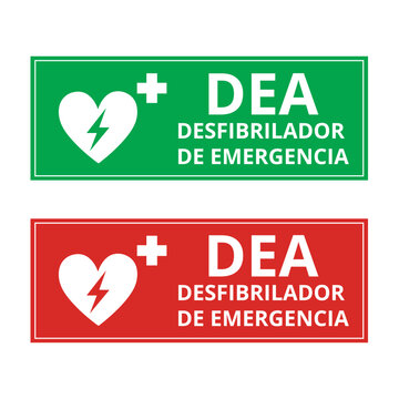Green and red DEA desfibrilador de emergencia sign isolated on a white background (trad. AED emergency defibrillator)