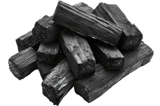 Pile of rough-cut, dark charcoal sticks