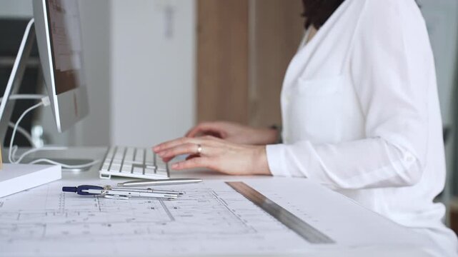 Architect creating new designs, working at a computer in office with blueprints and drafting tools. Business and architecture concept