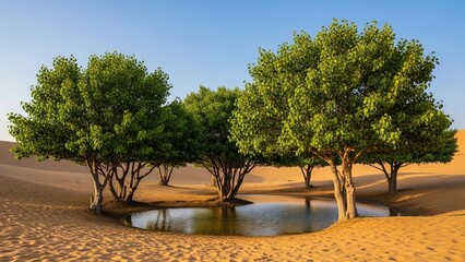 Serene desert oasis with lush trees surrounding tranquil water pool