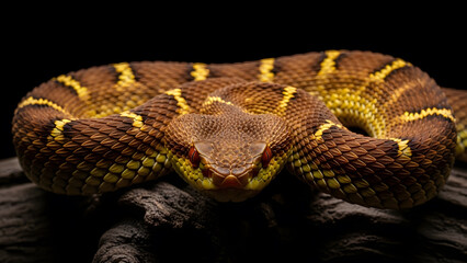 Fototapeta premium Close-up macro shot of venomous viper snake with intense red eyes | Dangerous brown and yellow patterned reptile coiled on black background | Studio portrait of exotic tropical snake species