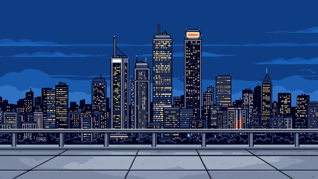 Pixel art cityscape at night with illuminated skyscrapers and a rooftop view