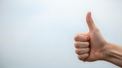Hand showing thumbs up gesture against white background expressing approval, success and positive feedback for business presentations.