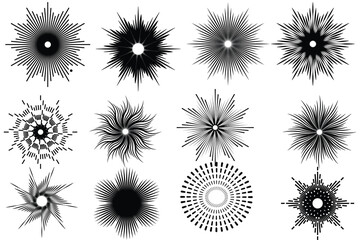 Sunburst icon collection. Sunburst element, Rays, beam set. Retro sunburst design. Radial stripes background.  Abstract sunburst Vector illustration. Abstract line circle vector background.