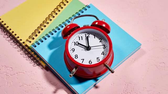 Real-time close-up of a red vintage alarm clock on blue and yellow spiral notebooks. Bright studio lighting creates defined shadows on a textured pink surface, evoking a studious mood.
