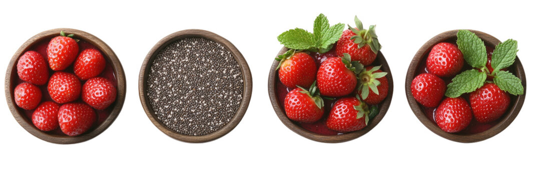 Four bowls strawberries, chia seeds, mint, and mixed
