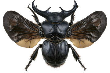 Dark beetle spreads intricately veined wings, black background