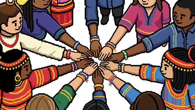 Diverse cultural unity circle with hands joined in harmony