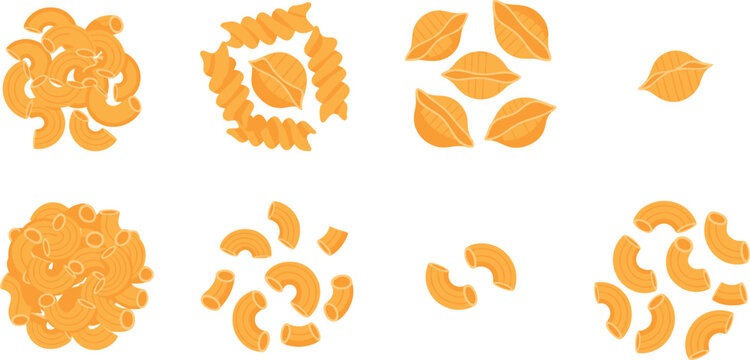 Vector illustration set featuring various raw Italian pasta shapes including elbow macaroni conchiglie shells and fusilli rotini clusters