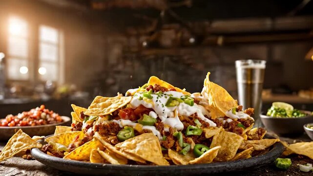 Delicious nachos topped with cheese, sour cream, and fresh ingredients in rustic kitchen setting