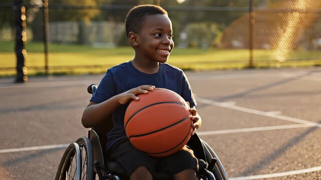 Boy in wheelchair holds basketball on court during sunset. Child smiles with basketball in wheelchair at park. Disabled boy enjoys adaptive sport with basketball. Wheelchair user plays on court.