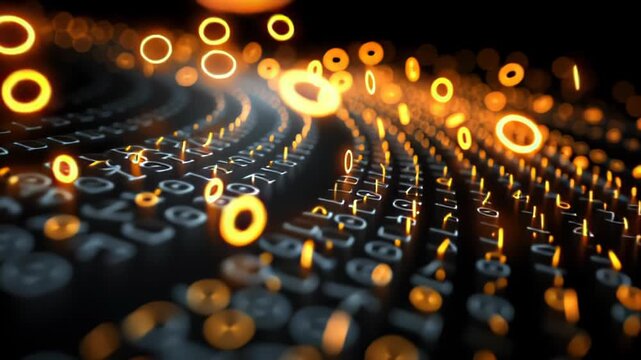 Abstract digital data flow with glowing orange circles on a dark background