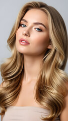 Naklejka premium Long voluminous blonde wavy hair styling tips for women | Professional beauty portrait of model with glossy pink lips and blue eyes | Healthy luxurious honey blonde hair with highlights studio shoot |