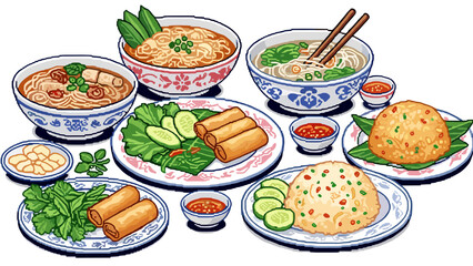 Traditional vietnamese dishes in retro pixel art style