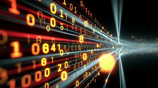 Digital stream of glowing binary code with light trails on black
